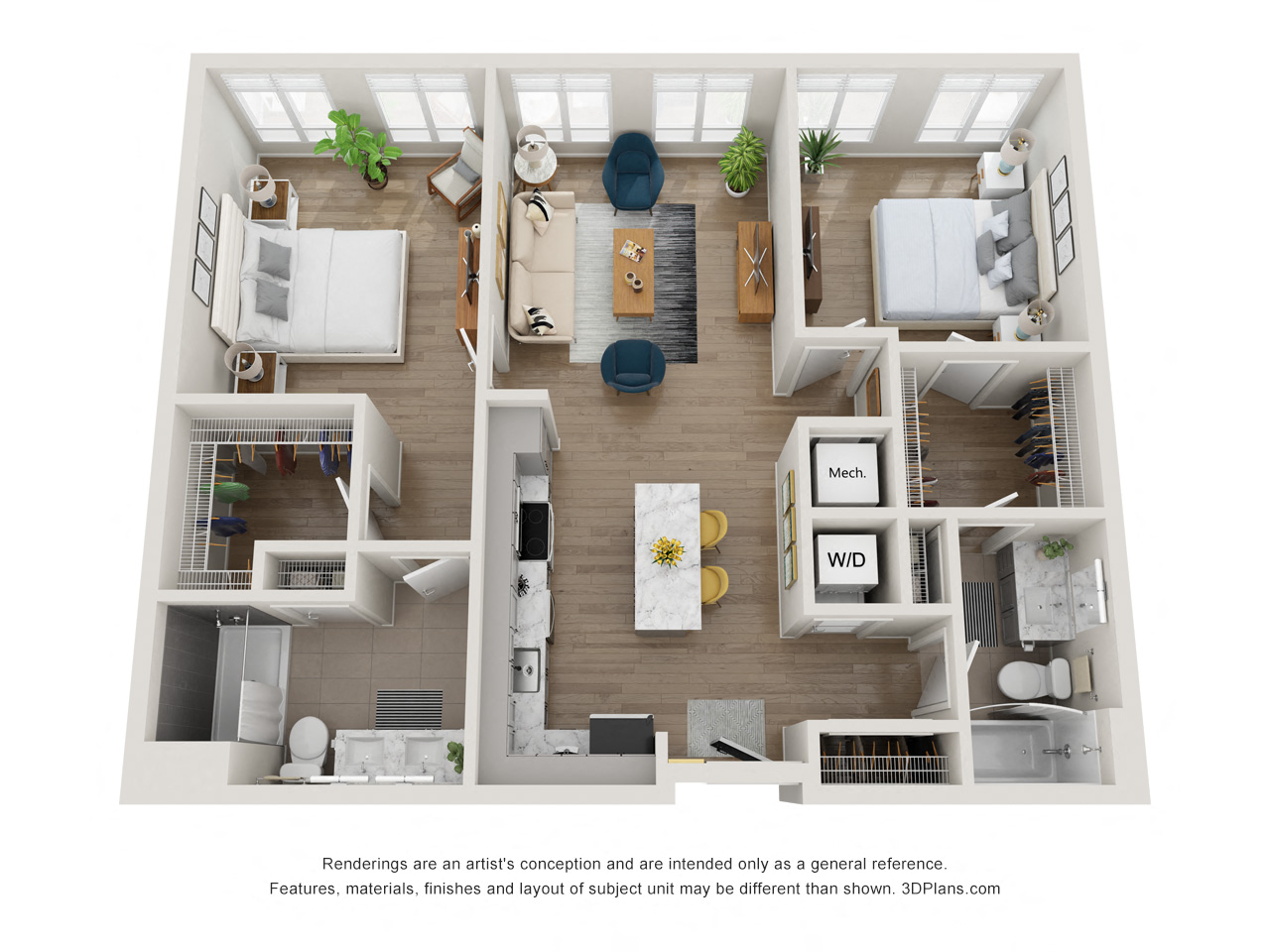 Floor plan for 2 beds, 2 baths, 1026 sqft